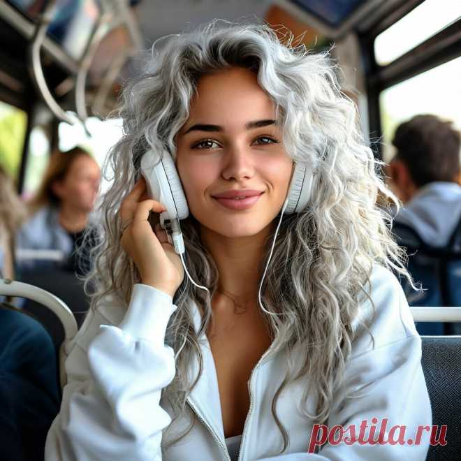 «Красивая девушка 20 лет , бело-…» — картинка создана в Шедевруме красивая девушка 20 лет , бело-серые лохматые длинные волосы в локоны, в белом спортивном костюме, улыбчивая, милая, солнечные блики, с белыми наушниками едет в автобусе с пассажирами и разговаривает по телефону, мерцание, чёткость, высокая детализация