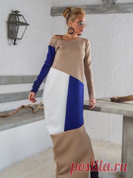 Scuba Neoprene Colorblock Maxi Dress Kaftan / Beige Blue White