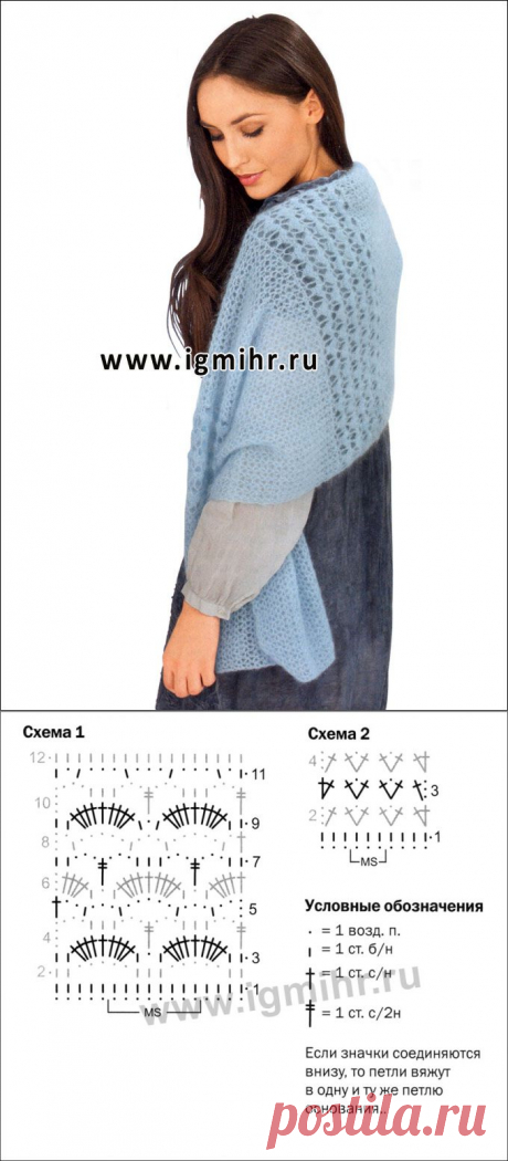Голубая мохеровая шаль с тончайшим ажурным узором. Крючок