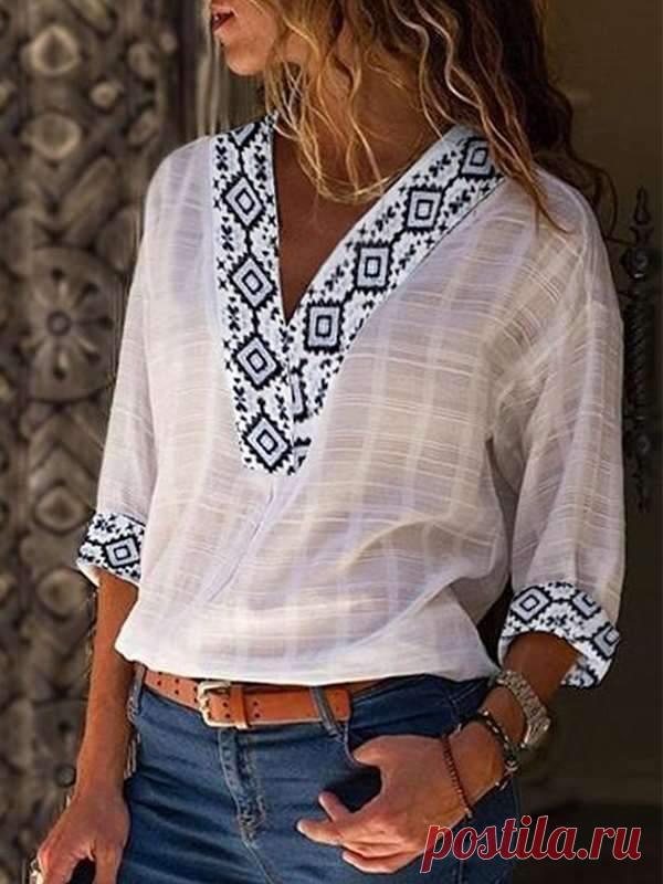 $ 22.59 - Богемные Женские Блузки с V-образным вырезом и Длинным Рукавом - www.clothingi.com