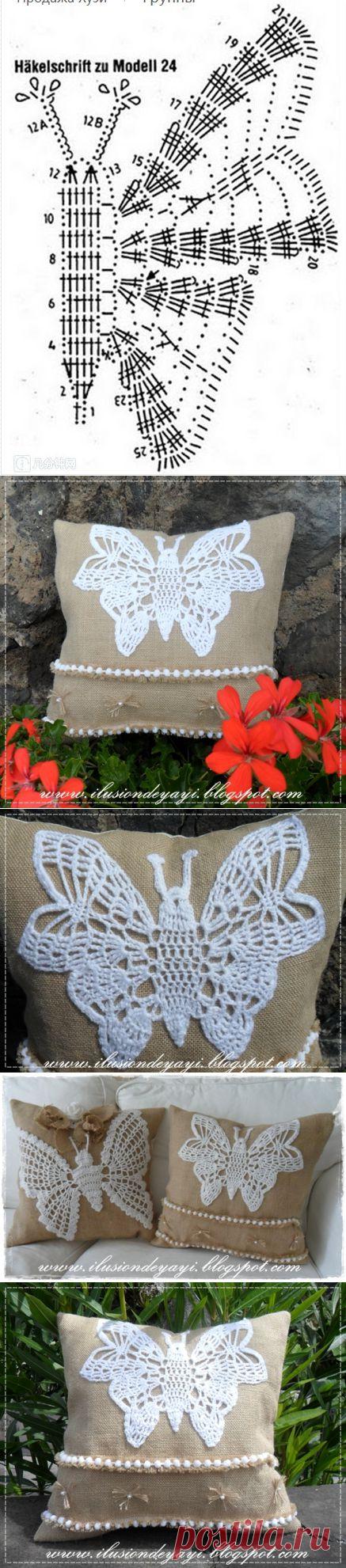 Бабочка крючком для украшения подушки из мешковины. Схемы бабочек