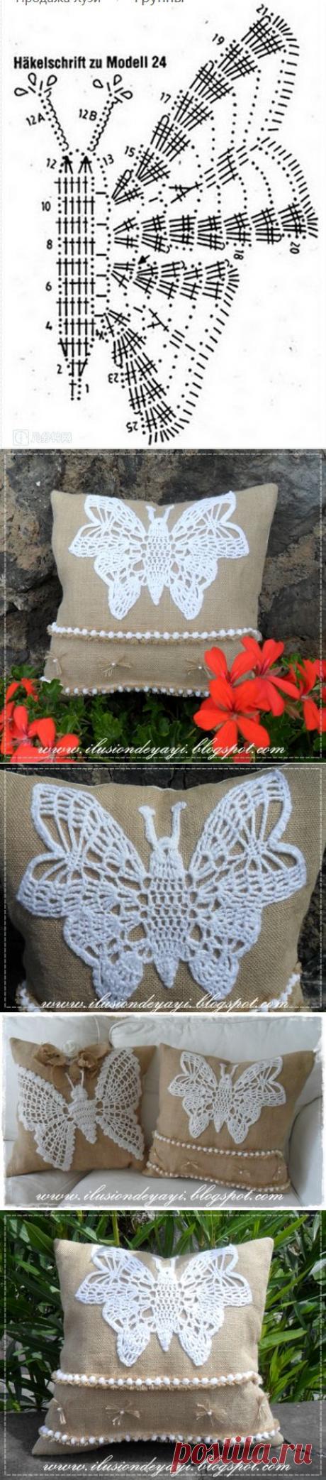 Бабочка крючком для украшения подушки из мешковины. Схемы бабочек