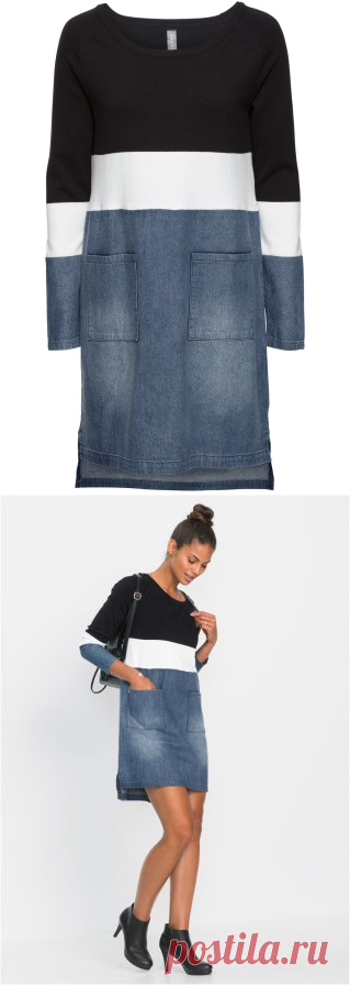 Вязаное платье в миксе материалов черный/кремовый/синий «потертый» купить онлайн - bonprix.ru