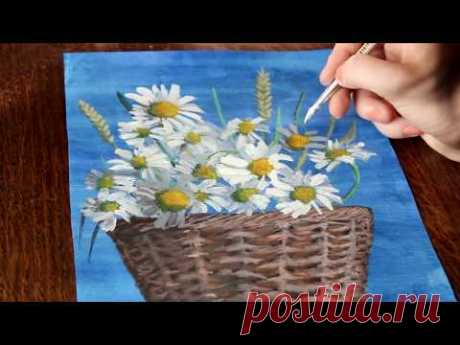 Как рисовать цветы ромашки в корзине - YouTube