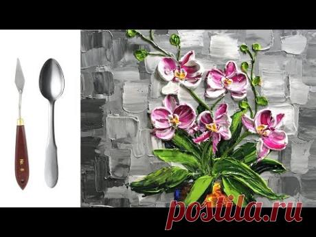 Challenge #14 | Paint modern Orchid Flowers with a Palette Knife and a Spoon - Acrylic Painting - YouTube
