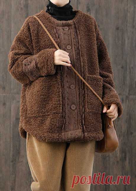 Women Khaki O-Neck Button Casual Fall Winter Thick Long sleeve Coat – SooLinen