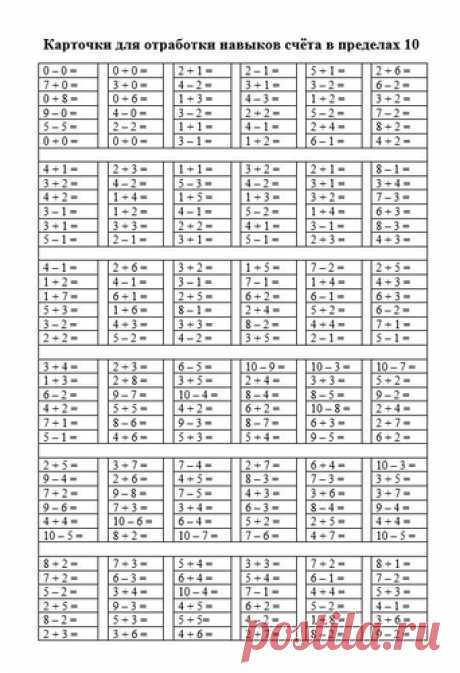 Карточки по математике на счет в пределах 10. Часть 1 - Начальная школа