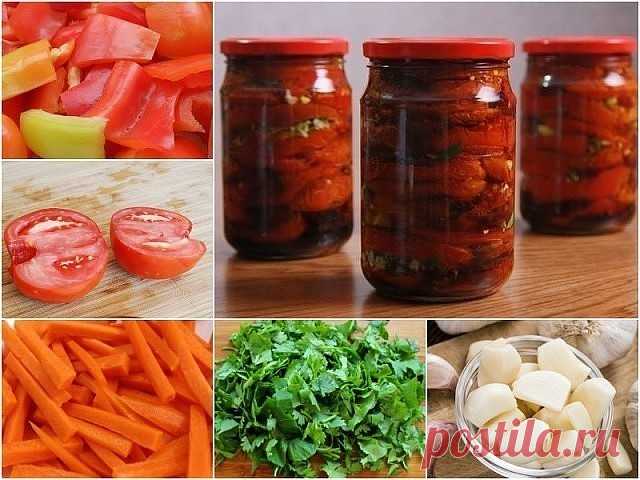 Помидоры по корейски на зиму!Очень вкусная закуска достойная даже праздничного стола. Замечательно хранится, но имеет один недостаток, она очень быстро съедается.
Ингредиенты:
2 кг томатов (желательно мясистых и не сильно больших),
500 г болгарского перца,
500 г моркови,
пучок зелени (кинза, петрушка и укроп. Если любите базилик, то можно добавить и его),
100 г сахара,
5 зубчиков чеснока,
100 мл подсолнечного масла,
100 мл столового уксуса 9%,
1 ст. ложка жгучего перца,
2 ...