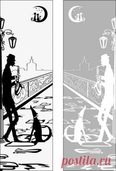 Пескоструйный рисунок саксофонист с собакой на мосту для  плоттерной резки, дизайнерский шкаф-купе.