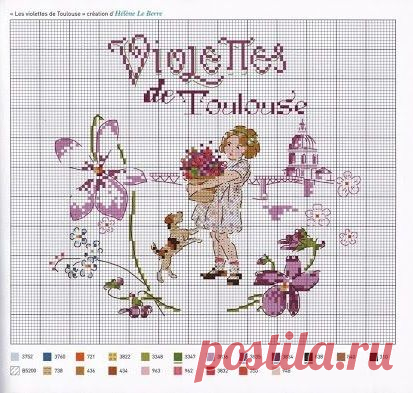 0 point de croix grille et couleurs de fils petite fille et violettes de toulouse