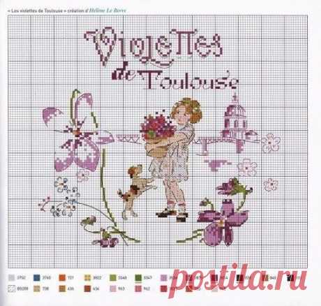 0 point de croix grille et couleurs de fils petite fille et violettes de toulouse