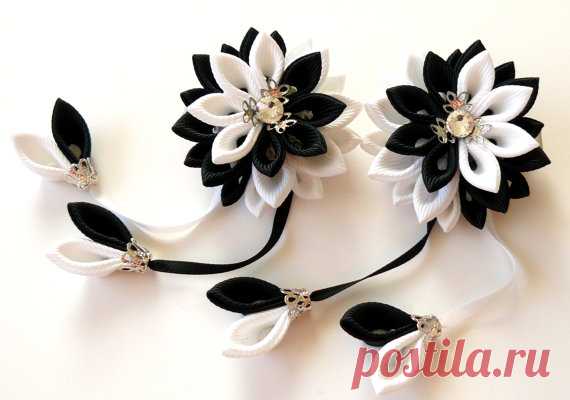 Kanzashi Fabric Flowers. Set of 2 hair clips. Black and от JuLVa