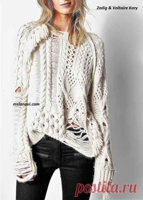 Модный свитер спицами от Zadig & Voltaire Kary - Вяжем с Лана Ви Модный свитер спицами от Zadig & Voltaire Kary — молодежная модель свитера со сложным комбинарованием узоров и техник. Свитер выполнен как ажурными узорами, так и плетениями. На схемах ажурные узоры отрисованы не со 100% точностью. Если вам они не подойдут, или вы сможете по фото повторить оригинальные ажуры, используйте те, которые посчитаете уместными. Кроме того, на свитере много […]