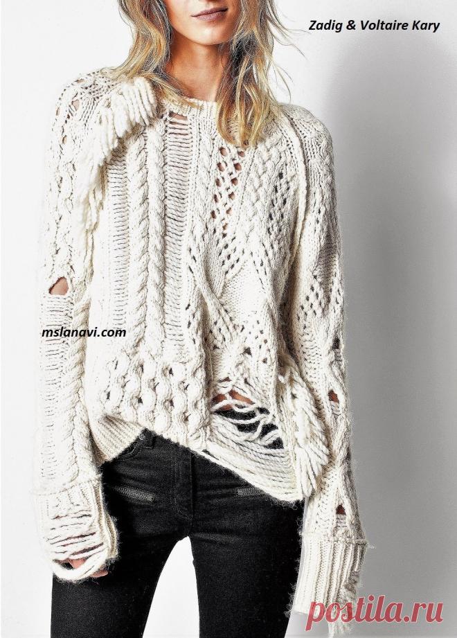 Модный свитер спицами от Zadig & Voltaire Kary - Вяжем с Лана Ви Модный свитер спицами от Zadig & Voltaire Kary — молодежная модель свитера со сложным комбинарованием узоров и техник. Свитер выполнен как ажурными узорами, так и плетениями. На схемах ажурные узоры отрисованы не со 100% точностью. Если вам они не подойдут, или вы сможете по фото повторить оригинальные ажуры, используйте те, которые посчитаете уместными. Кроме того, на свитере много […]