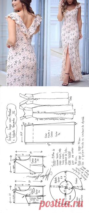 Vestido longo com fenda e babado no decote - Marlene Mukai