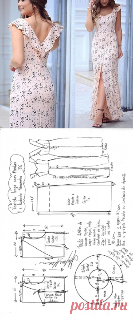 Vestido longo com fenda e babado no decote - Marlene Mukai