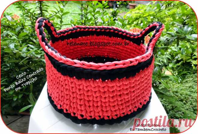 EU TAMBÉM CROCHETO...: Cesto Ponto Baixo Centrado em Trapilho