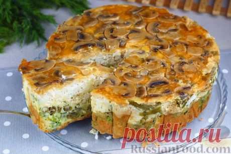 Рецепт: Заливной пирог-перевёртыш с грибами, сыром, рисом, фаршем и стручковой фасолью на RussianFood.com