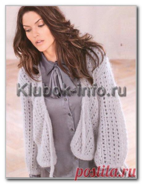 Вязание спицами. Женские модели. Ажурный жакет на завязках из мохера