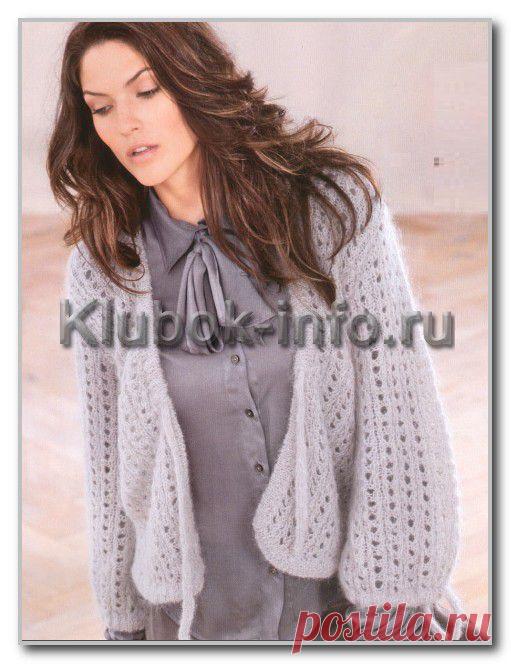 Вязание спицами. Женские модели. Ажурный жакет на завязках из мохера