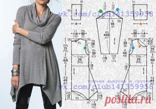 Туника с асимметричным низом и воротником 
