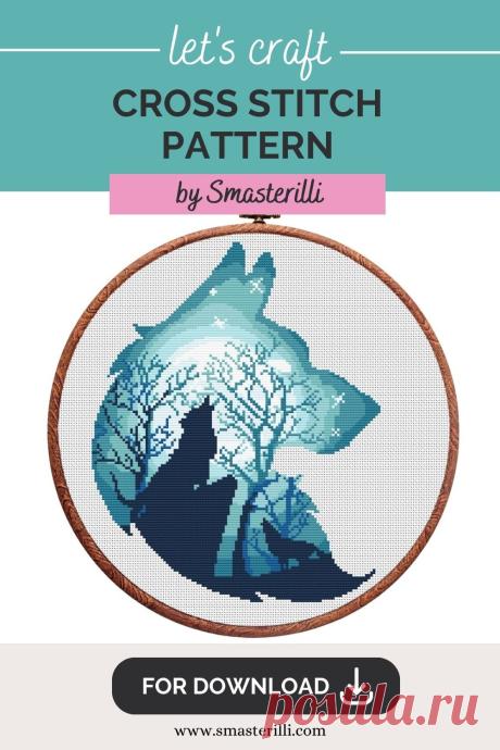 Blue woolf silhouette cross stitch pattern with moon night forest ornament. Embroidery design by Smasterilli. Digital cross stitch pattern for instant download. Forest animals and landscape embroidery design.
