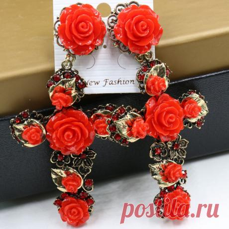 Барокко красные цветы серьги металла большой крест роза с кристалл старинные розы украшения для подиума женщин ER098 купить на AliExpress