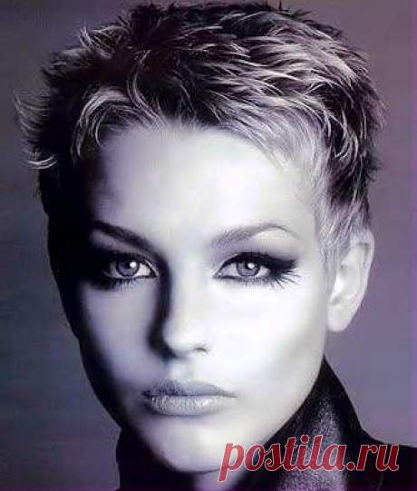 Boyish short crop with soft feminine bangs.
