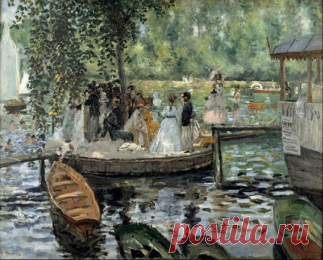 Лягушатник. Пьер Огюст Ренуар, 1869
Национальный музей Швеции
«Лягушатник» представлял собой кафе на воде, размещавшееся на пришвартованном к берегу Сены понтоне, стоявшем в небольшом рукаве реки и соединявшемся с островом переходным мостиком, перекинутым через крохотный островок.