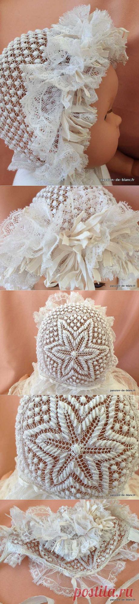 Linge ancien de bébé &gt; Robes, robes de baptême, bonnets, bavoirs &gt;   LINGE ANCIEN / Superbe bonnet de bébé fait main aux aiguille avec tulle et ruban de soie  - Passion de Blanc - Broderie ancienne - Antique &amp; Vintage French linen