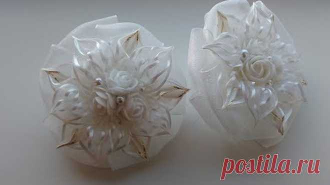Белые бантики на 1 сентября из органзы МК Канзаши / White bows on September 1 from organza