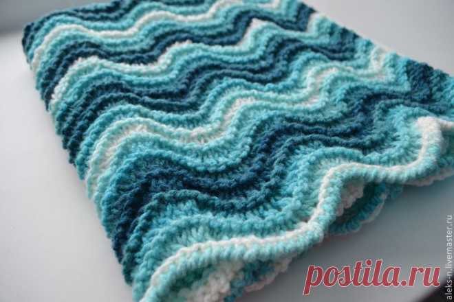 Купить Плед детский вязаный Морской - бирюзовый, белый, синий, плед вязанный, вязаный плед