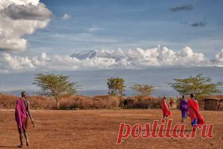 Масайская деревня с видом на Килиманджаро в национальном парке Амбосели (Кения). Снимал Олег Домалега: nat-geo.ru/community/user/164492