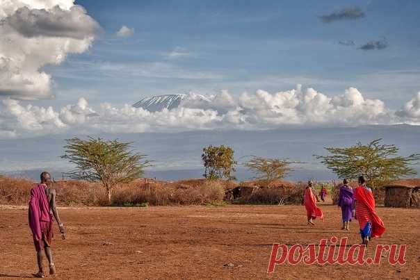 Масайская деревня с видом на Килиманджаро в национальном парке Амбосели (Кения). Снимал Олег Домалега: nat-geo.ru/community/user/164492