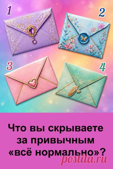 Мы привыкли отвечать «всё нормально», даже когда внутри накопилось совсем другое. Посмотрите на картинку с четырьмя конвертами и обратите внимание на тот, который первым привлёк ваше внимание. У каждого варианта своя расшифровка. Возможно, результат неожиданно точно опишет то, о чём вы обычно предпочитаете молчать.