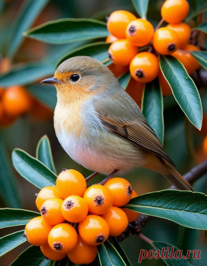 a small bird sitting on top of a tree filled with berries