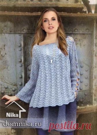 Удлинённый ажурный джемпер узором "павлинье перо" с оригинальными рукавами, спицами. / domnika.ru