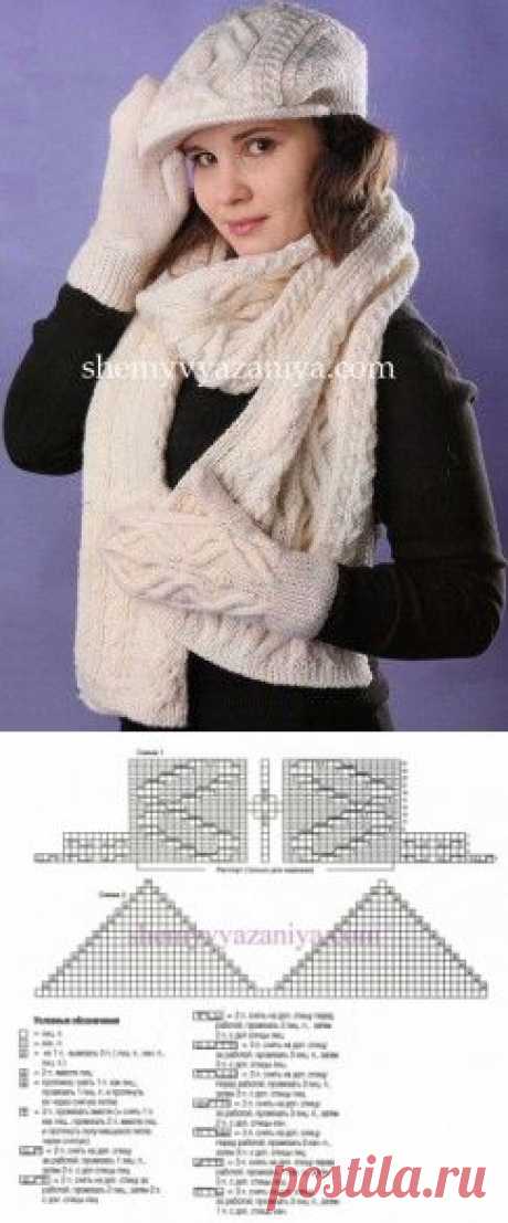 Комплект узором из кос: кепи, шарф и варежки