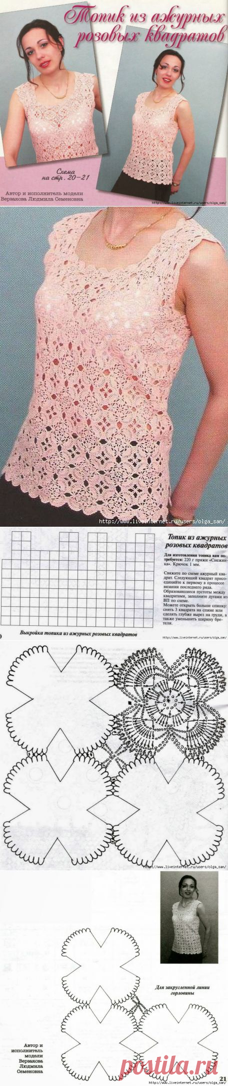 Модели вязания: Топик из ажурных розовых квадратов