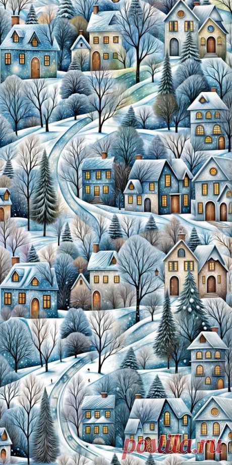 This may contain: a winter scene with houses and trees in the snow, painted on canvas by hand