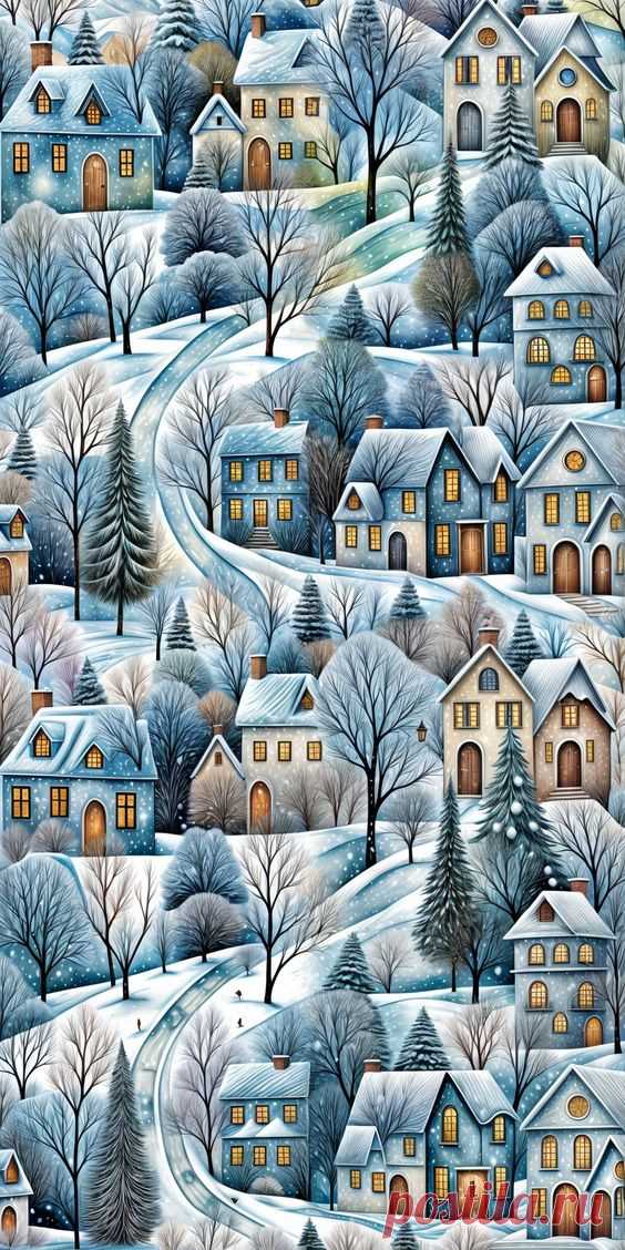 This may contain: a winter scene with houses and trees in the snow, painted on canvas by hand