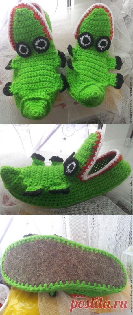 Купить тапочки крокодилы - зеленый, крокодил, крокодильчик, тапки вязаные, тапки домашние, тапочки для дома