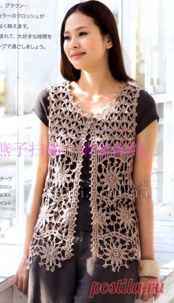 удлиненная женская жилетка крючком