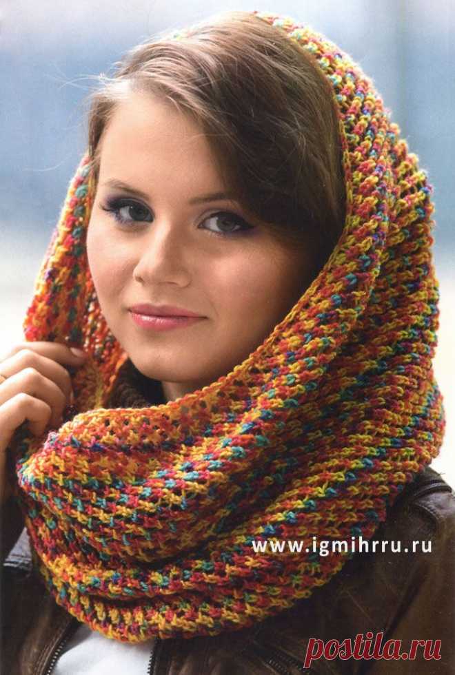 Разноцветный шерстяной шарф-хомут. Спицы