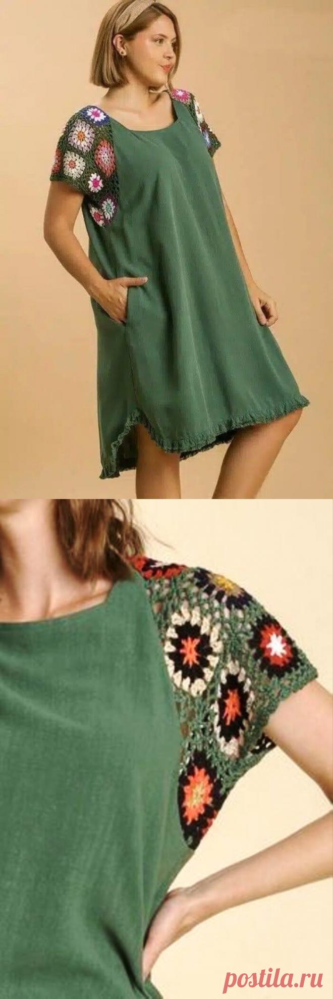 Летнее платье с рукавами из вязаных квадратных элементов