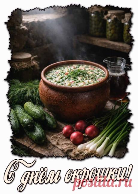 С Днем окрошки! Желаю, чтобы жизнь была такой же яркой, насыщенной и освежающей, как любимый летний суп! Открытки на День окрошки!