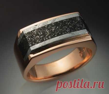 Hand Crafted 14k Rose Gold Mans Ring With Iron And Chondrite Meteorite by Metamorphosis Jewelry Design | CustomMade.com