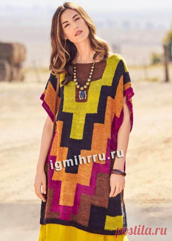 Свободное платье-туника в технике интарсия. Вязание спицами со схемами и описанием