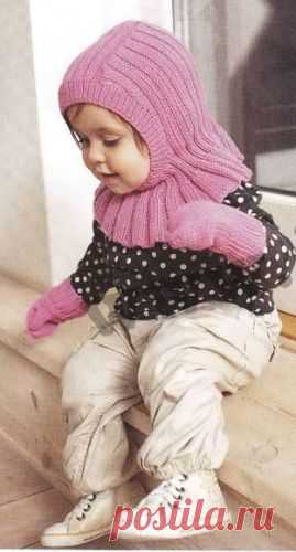 Шапочка-шлем и варежки для девочки, вязаные спицами | Вязание для Вас