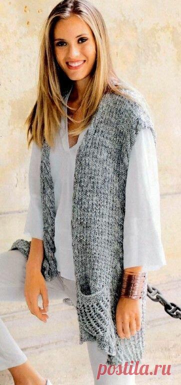 Удлиненный, карман-кенгуру/ жилет, модели спицами/ описание+схемы. | Вязание 